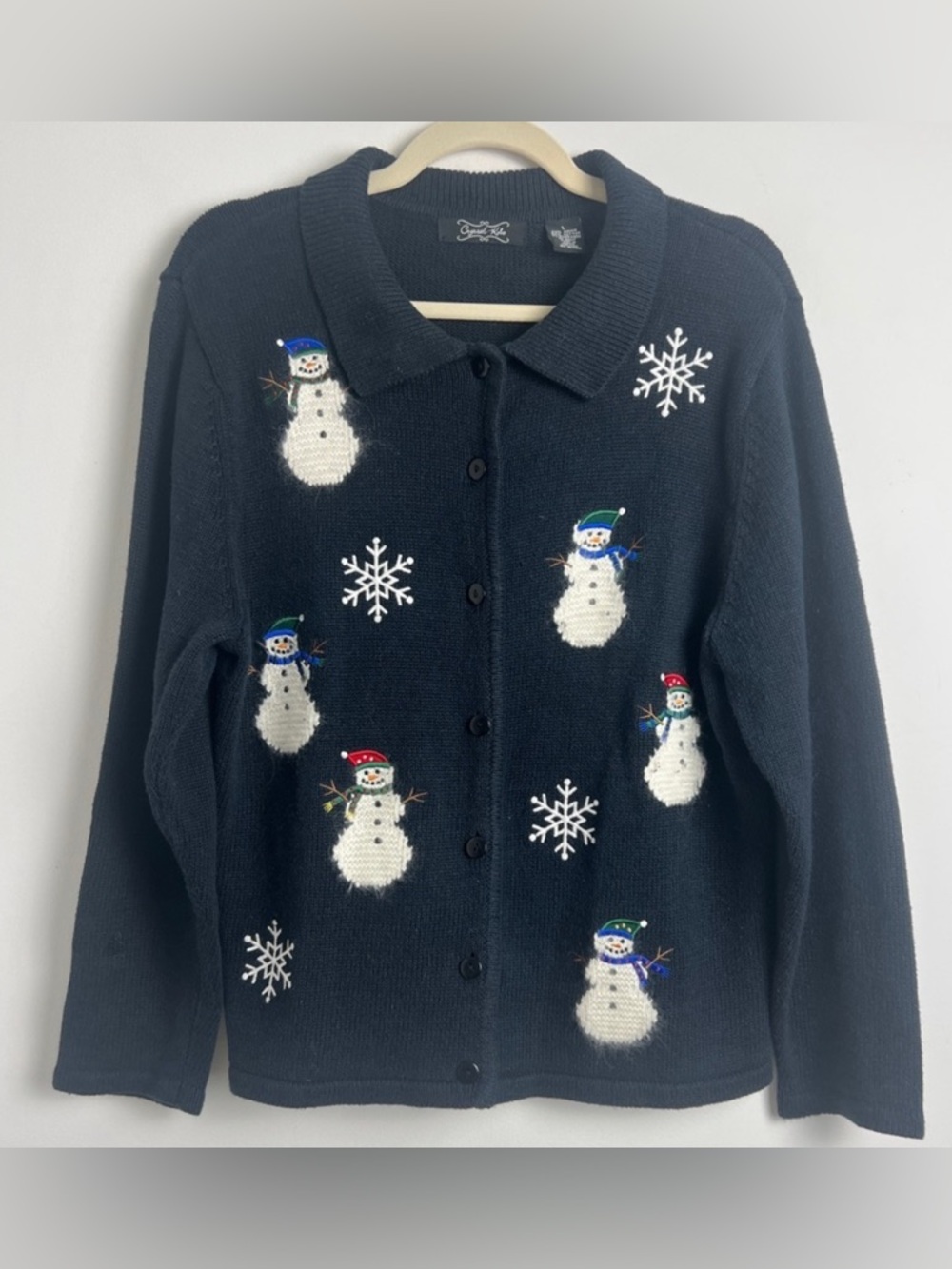 Vintage Crystal Kobe Black Christmas Snowmen Snowflake Embroidered Cardigan‎ L